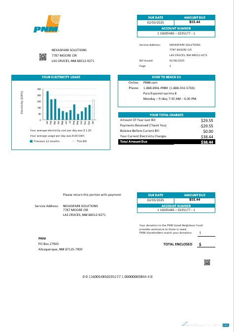USA New Mexico PNM easy fillable business utility bill template in Word and PDF formats